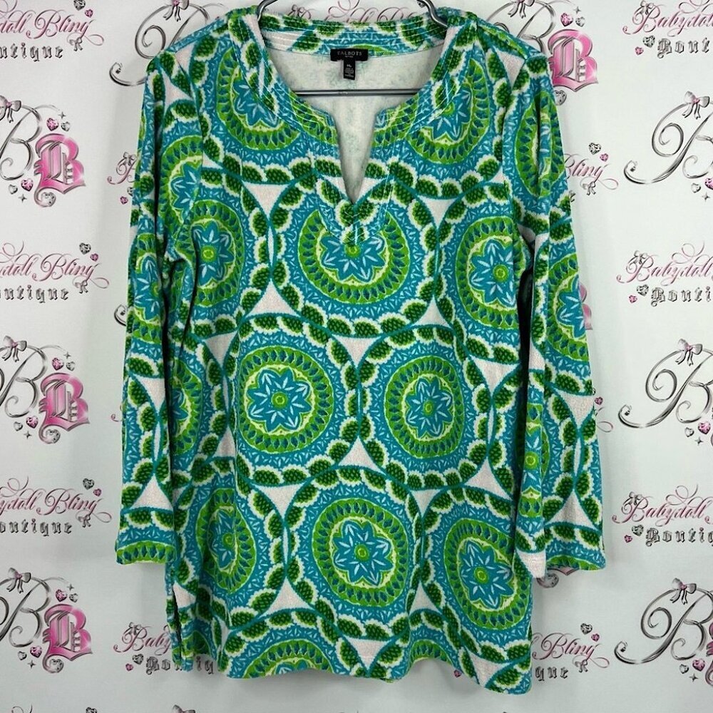 Talbots terry cloth towel green coverup long sleeve Green Blue Patterned Tunic